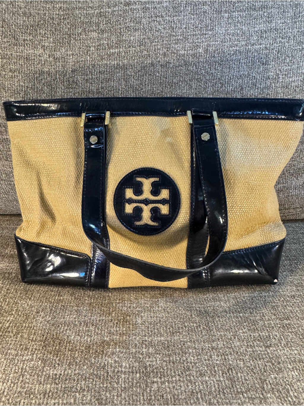 Tory Burch Yellow Canvas And Black Patent Leather Tote